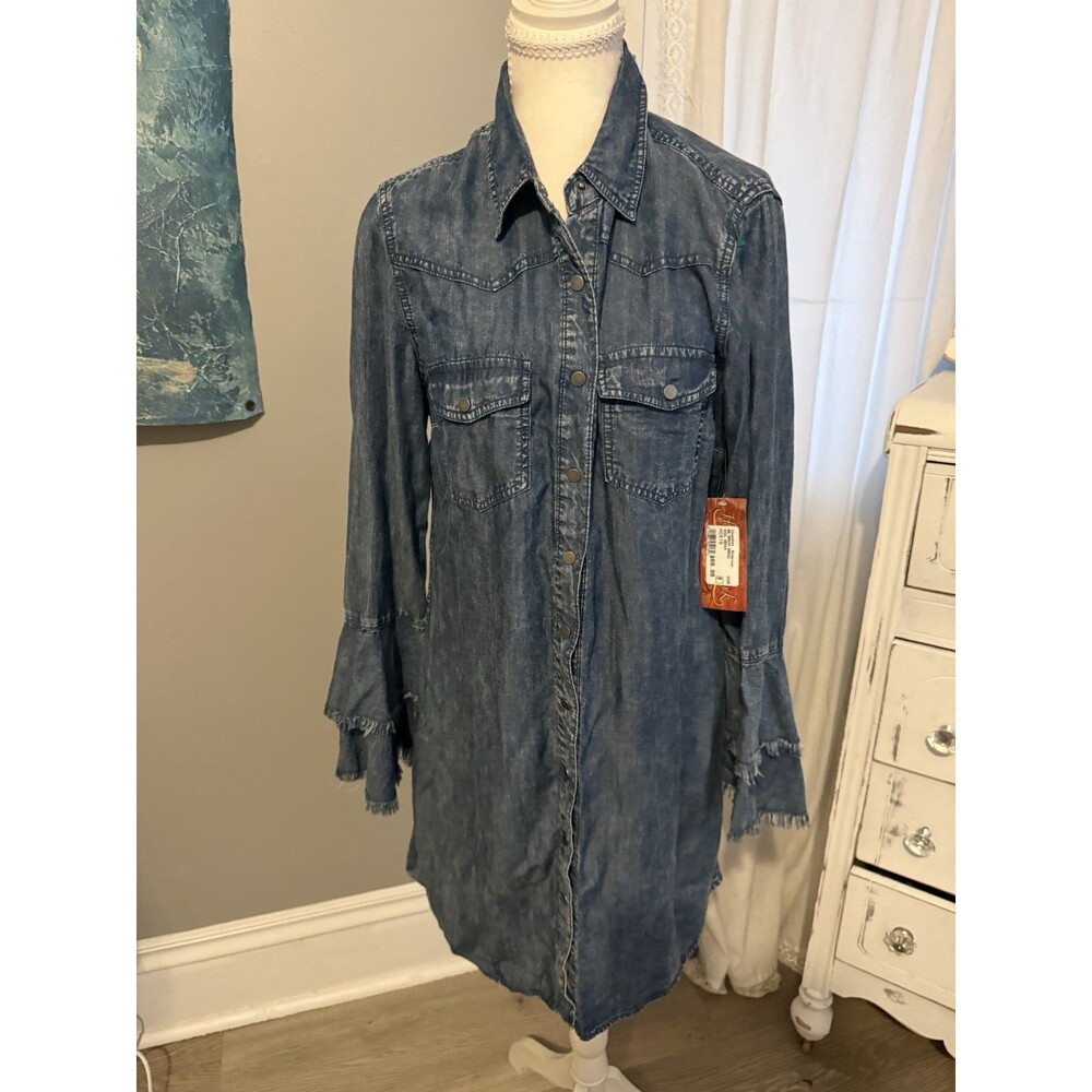 Scully Western Denim Shirt Dress M Bell Sleeve Fringe Cowgirl Boho Rodeo - Picture 3 of 5